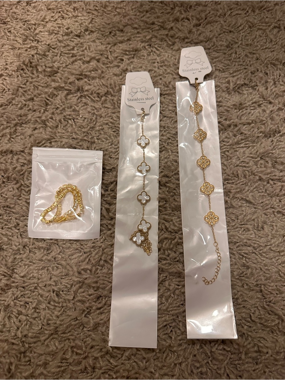 Gold Stainless Steel Floral Link Bracelet - Gold Tone set of 3